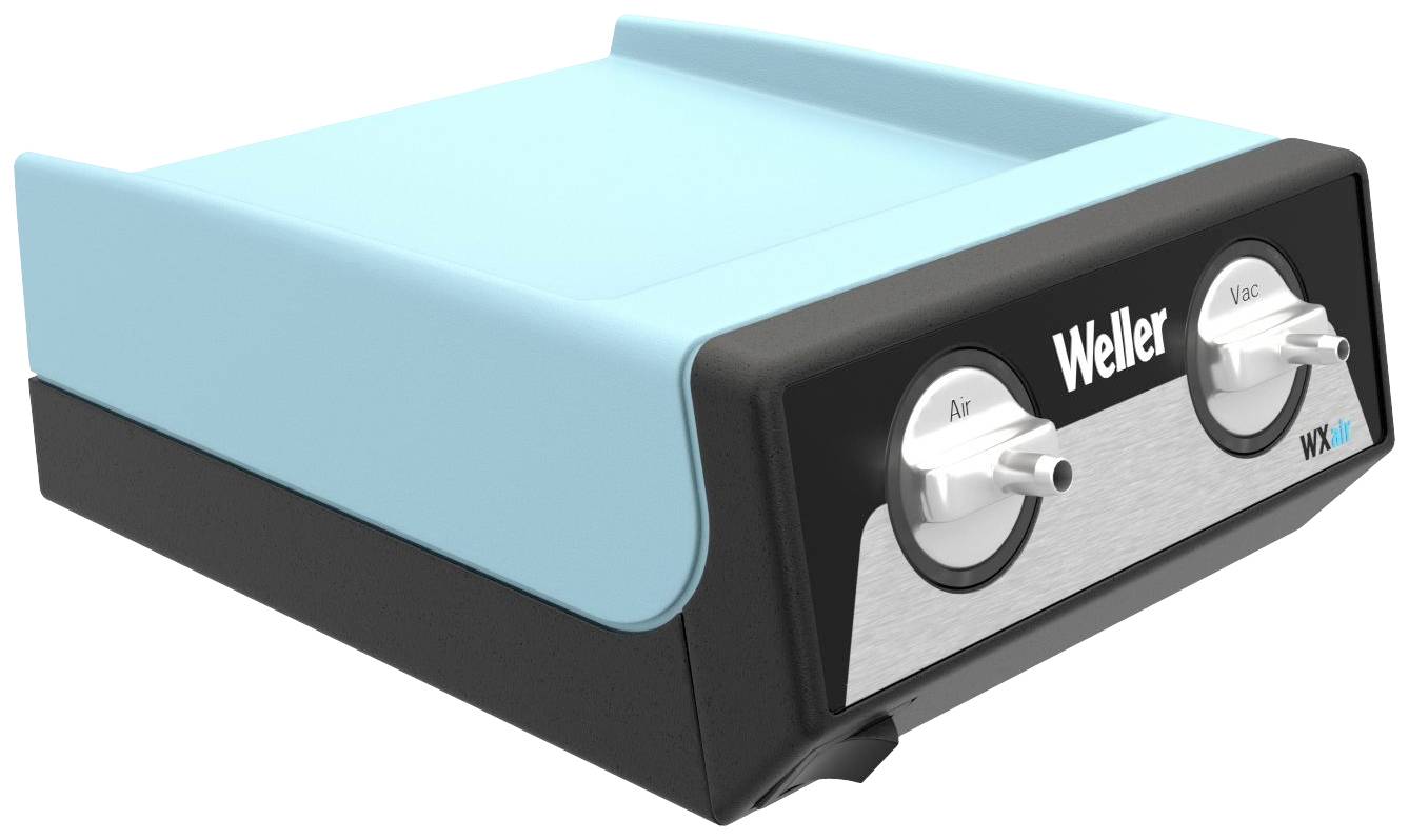 Lötstation in Blau und Schwarz mit zwei Kontrollknöpfen für 'Air' und 'Vac'.