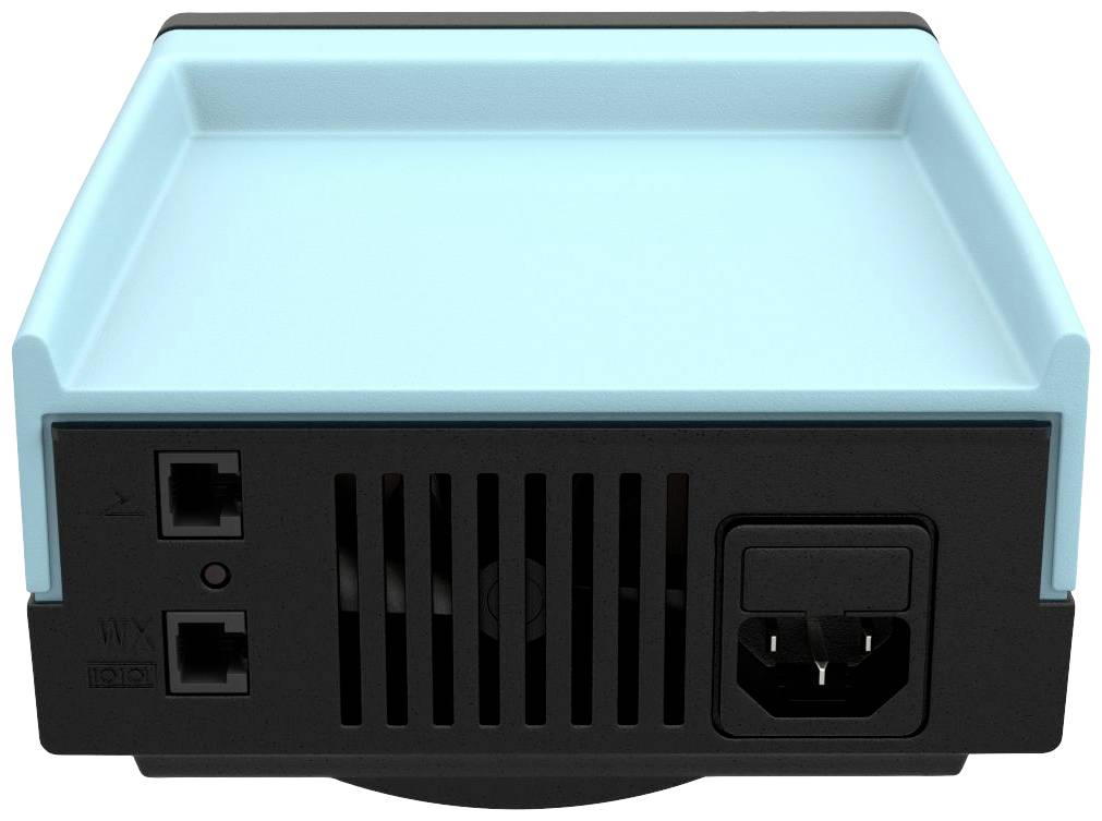 Rückseite eines elektronischen Geräts mit zwei Ethernet-Anschlüssen und einem Stromanschluss. Das Gehäuse ist schwarz und blau.