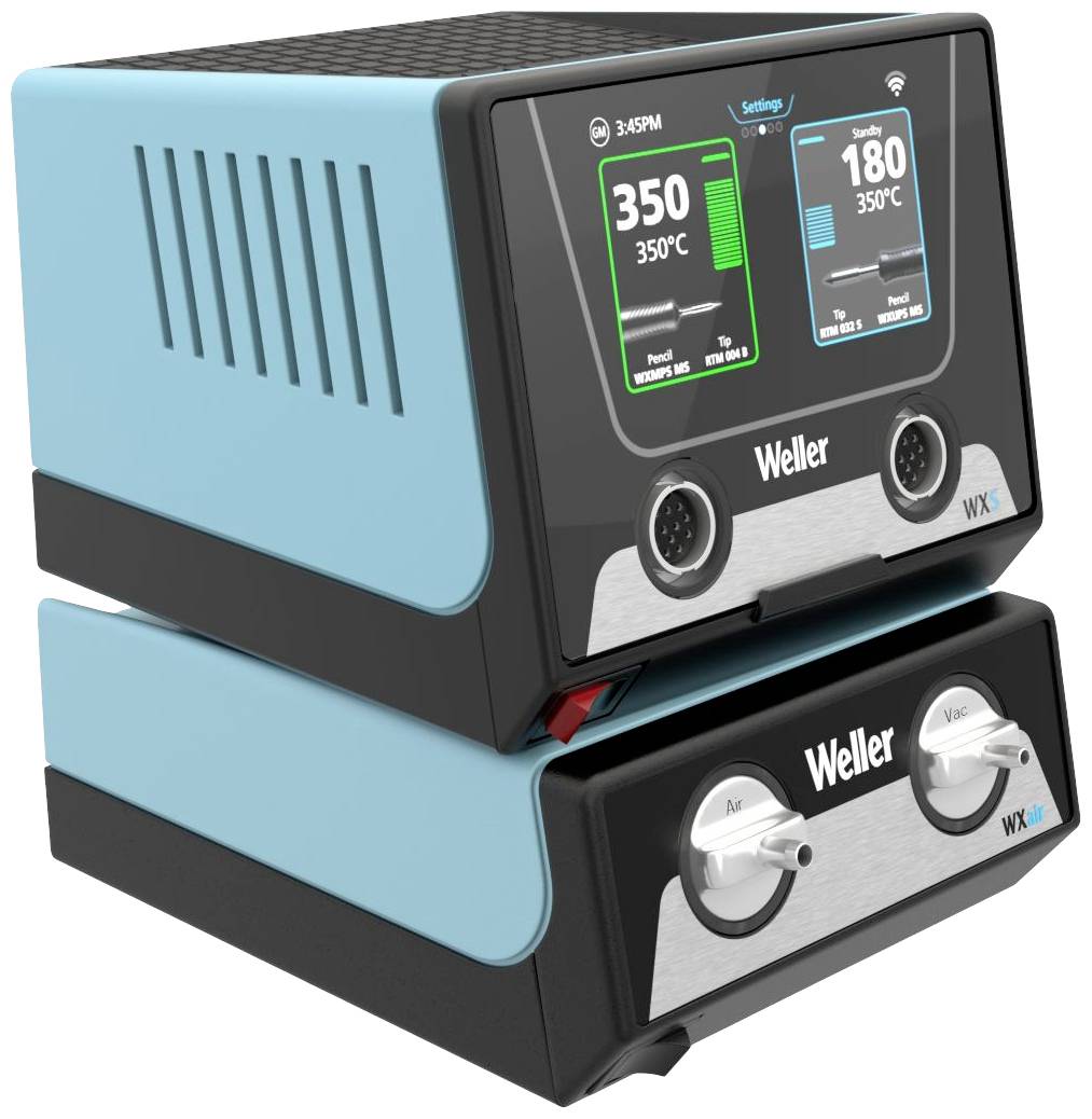 Lötstation mit digitalem Display zeigt '350°C' für Kanal 1 und '180°C' für Kanal 2, mit Stromanzeige, beiden Drehreglern auf 'Weller'.