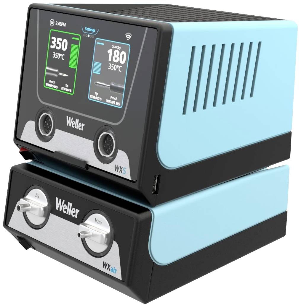 Lötkolbenstation in Blau und Schwarz mit digitalem Display zeigt Temperatur von 350°C an. Zwei Drehknöpfe für Einstellungen.