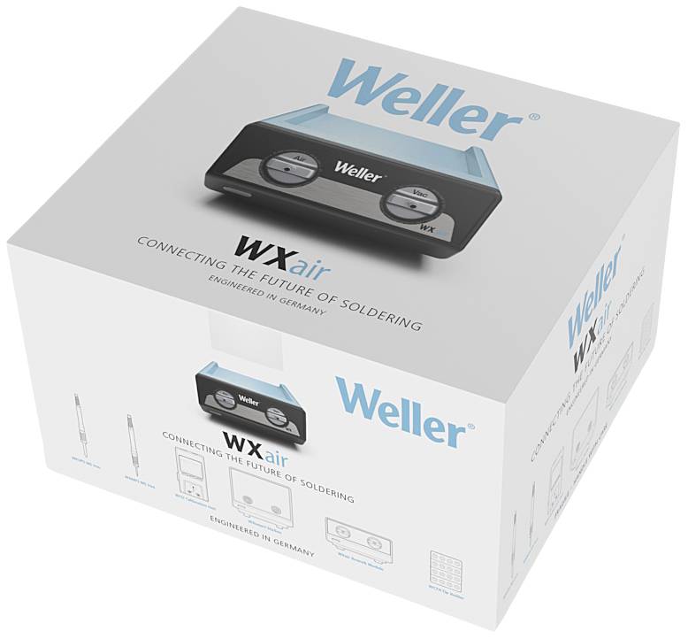 Auf dem Bild ist eine Verpackung der Marke Weller zu sehen. Sie zeigt das Produkt 'WXair', ein Gerät zum Löten, mit der Aufschrift 'Connecting the Future of Soldering'.