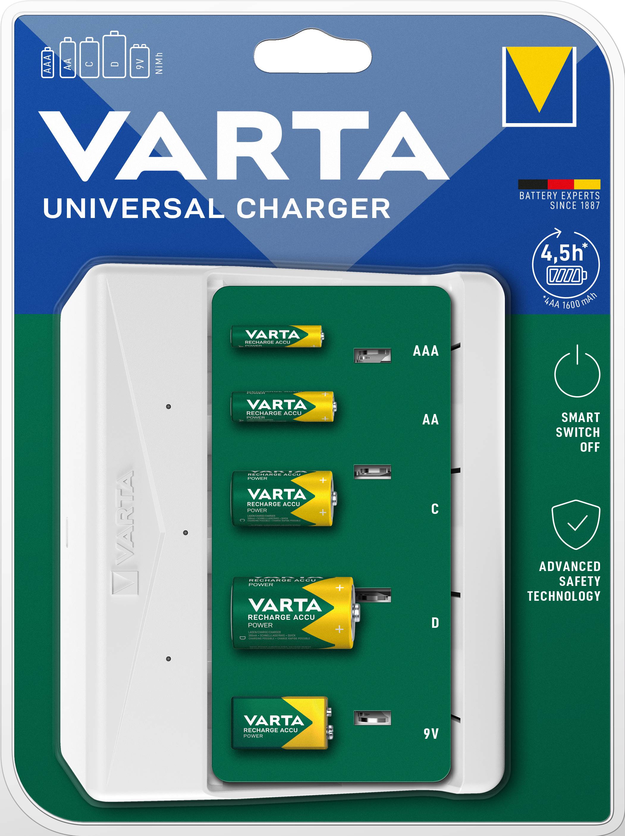 Varta Universal Charger Rundzellen-Ladegerät NiMH Micro (AAA), Mignon (AA), Baby (C), Mono (D), 9 V Block