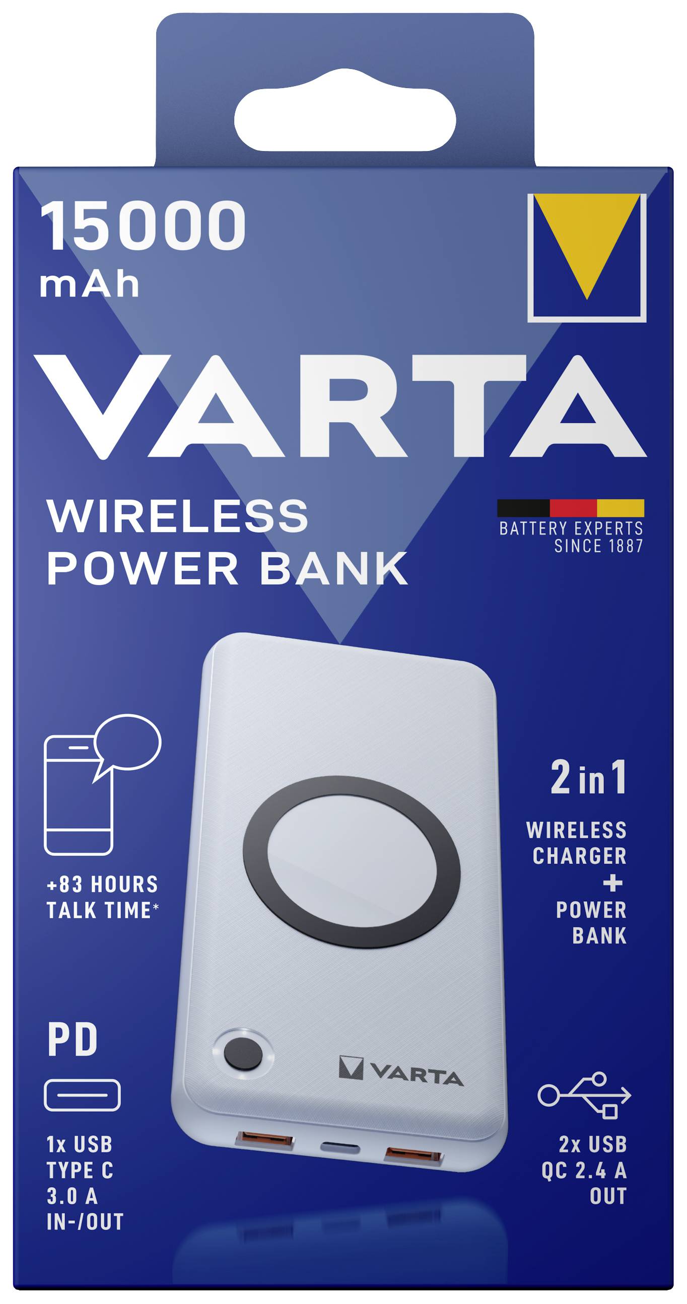 Varta Induktions-Powerbank 3000 mA Wireless Power Bank 15000 57908101111 15000 mAh Ausgänge Induktionslade-Standard, USB, USB-C® Weiß