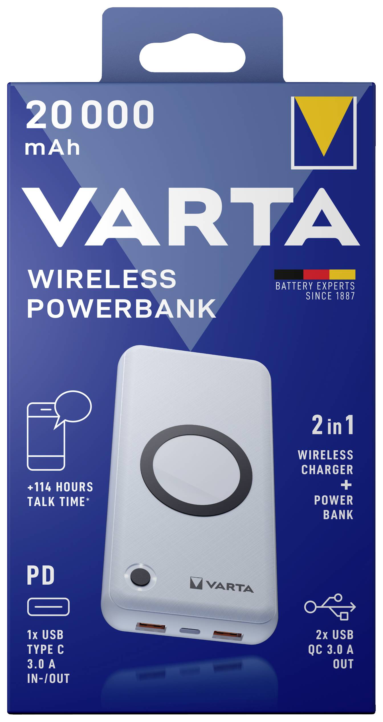 Varta Induktions-Powerbank 3000 mA Wireless Power Bank 20000 57909101111 20000 mAh Ausgänge Induktionslade-Standard, USB, USB-C® Weiß