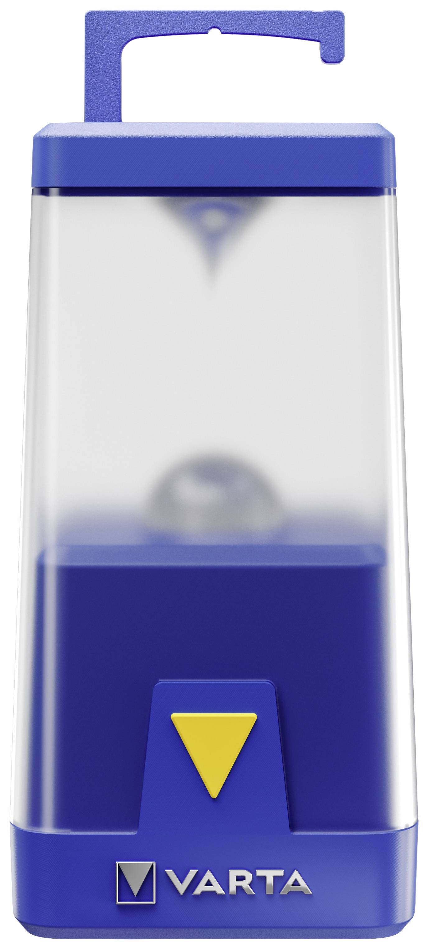 Eine blaue Laterne von Varta mit gelber Taste und transparentem Gehäuse; zum tragbaren Einsatz konzipiert.