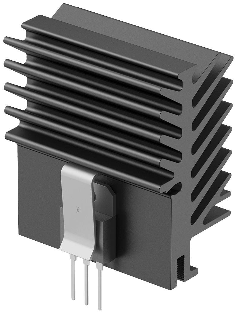 Aluminiumbeschichteter Kühlkörper mit Rippen zur Wärmeableitung, befestigt an einem elektrischen Bauteil mit drei Anschlussdrähten.