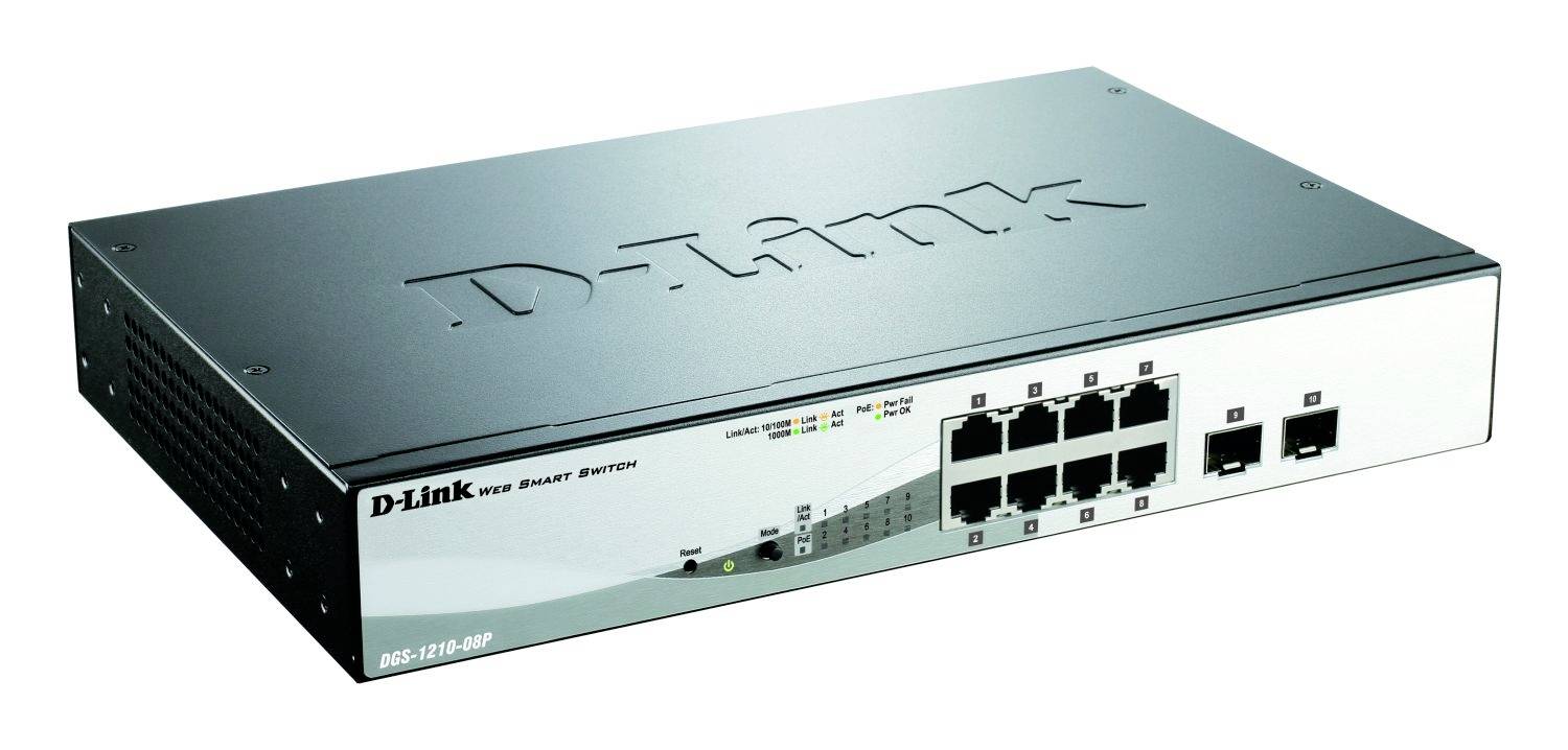 Ein D-Link Netzwerk-Switch mit acht Ethernet-Ports und zwei kleinen Modulen, schwarz-silbernes Design, für Netzwerkverbindungen.