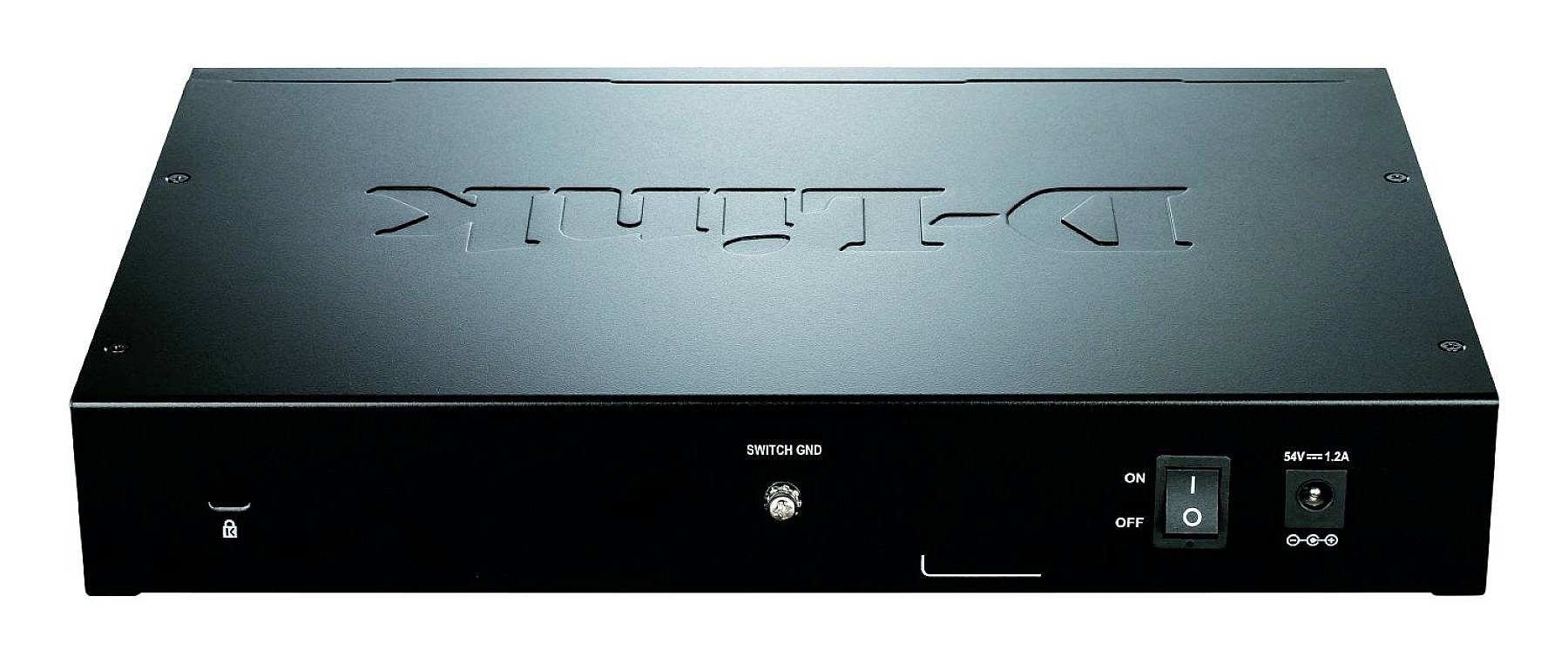 Ein D-Link Netzwerk-Switch mit schwarzer Gehäuseoberfläche, zentralem Schalter und verschiedenen Anschlüssen auf der Vorderseite.
