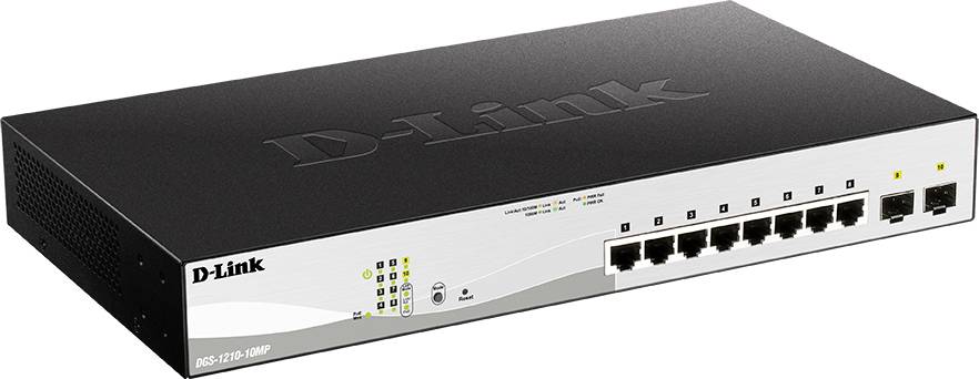 Ein D-Link Ethernet-Switch mit acht Netzwerkanschlüssen und LED-Statusanzeigen. Das Gerät dient der Vernetzung von Computern.