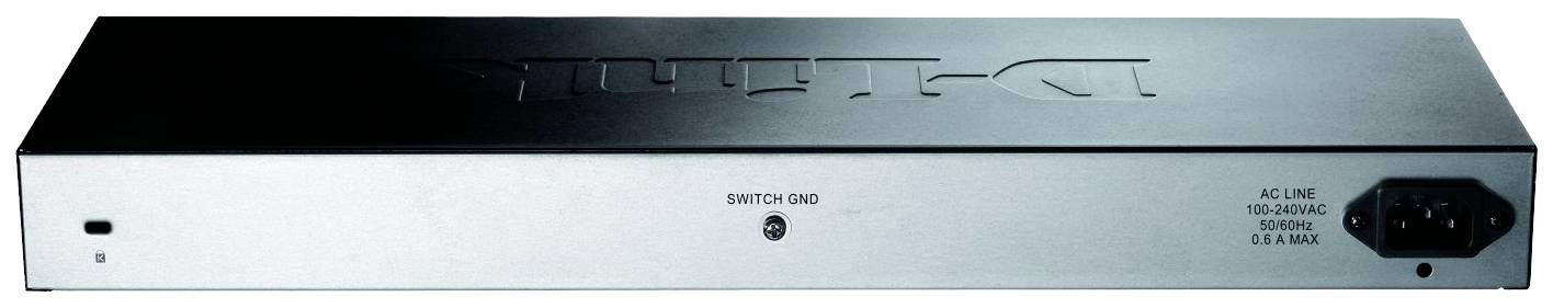 Ein silberner Netzwerk-Switch mit schwarzem Gehäusedeckel. Auf der Rückseite befinden sich ein Schalter und ein Netzanschluss.