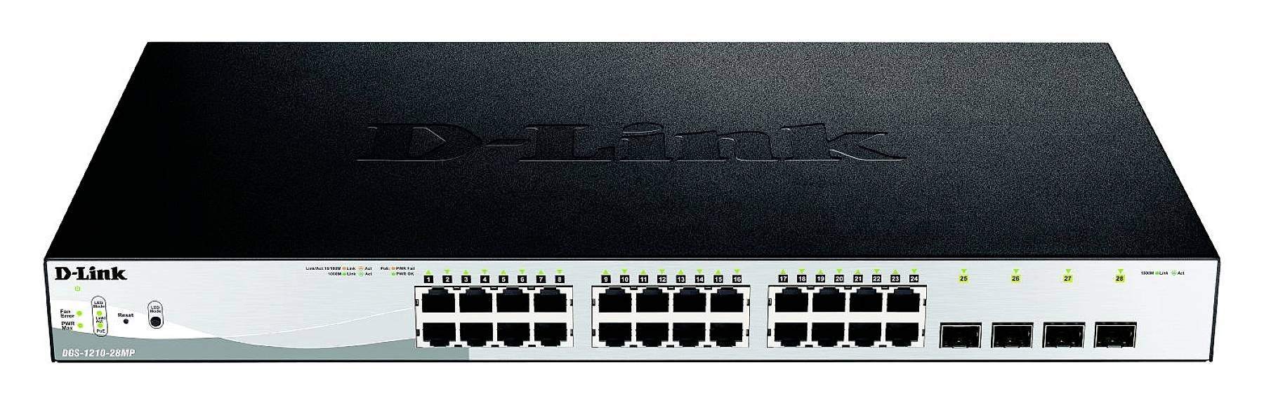 Ein D-Link-Netzwerkswitch mit 24 Ethernet-Anschlüssen und 4 Glasfaseranschlüssen. Die Vorderseite zeigt Status-LEDs und das Logo.