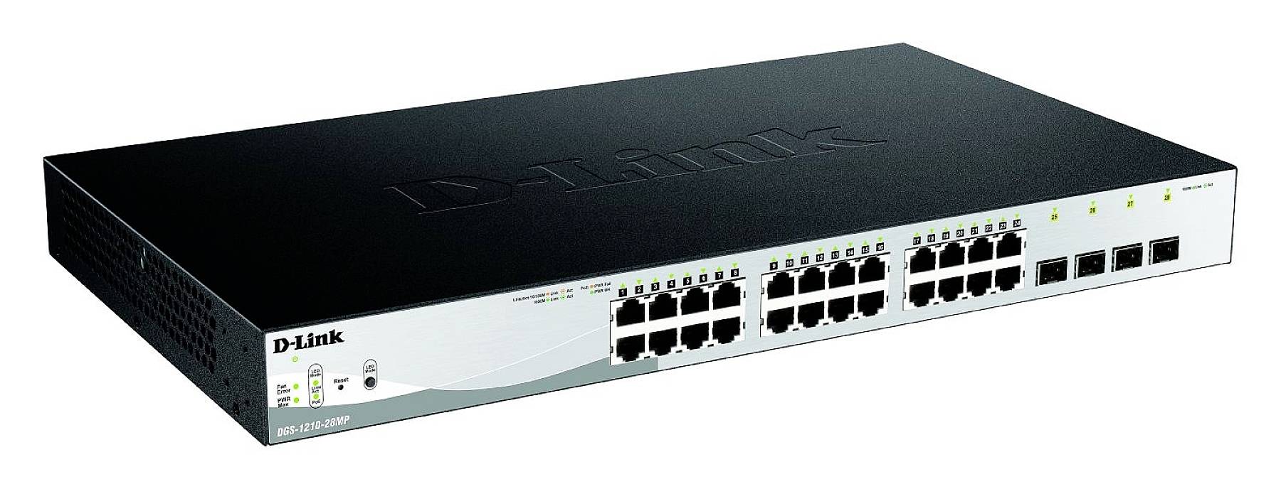Netzwerkswitch mit 24 Ethernet-Ports und 4 zusätzlichen Anschlüssen auf der Vorderseite. Markenlogo links oben auf dem Gerät.