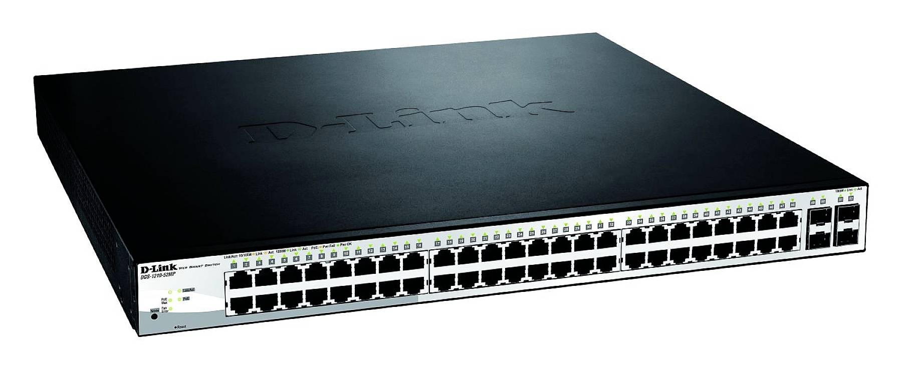 Ein schwarzer Netzwerk-Switch mit 48 Ethernet-Ports auf der Vorderseite, geeignet für große Netzwerkinstallationen.