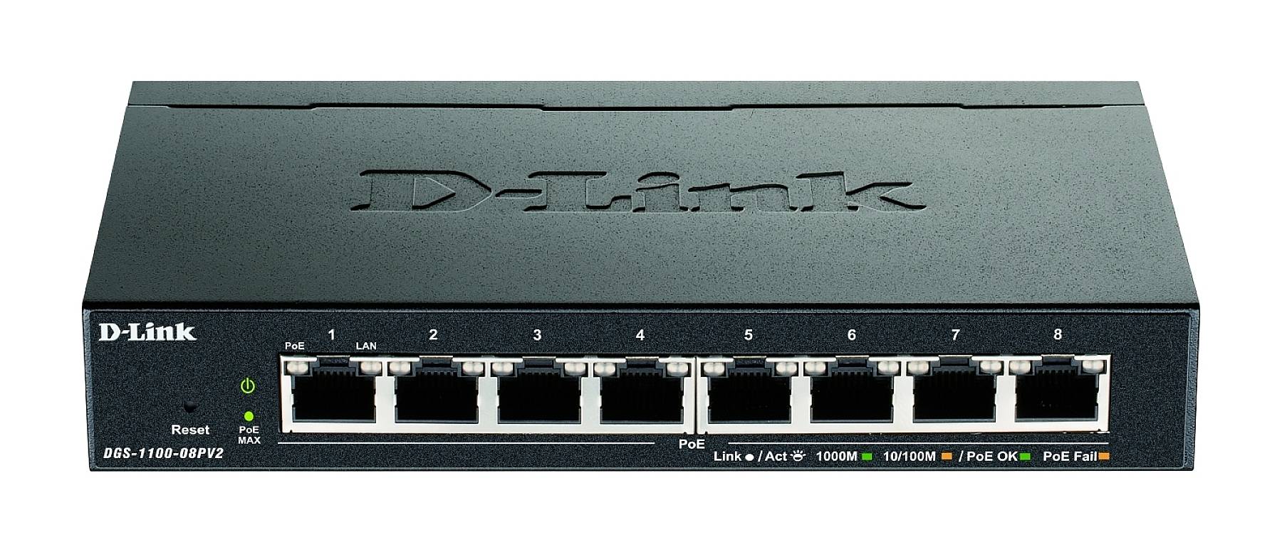 Ein schwarzer Ethernet-Switch mit acht Ports und grünen LED-Anzeigen auf der Vorderseite, von der Marke D-Link.