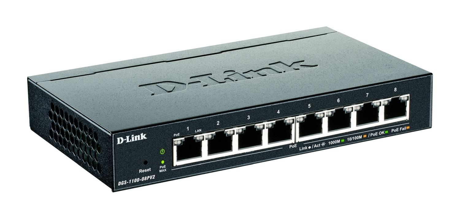 Ein schwarzer D-Link 8-Port-Ethernet-Switch mit acht nummerierten LAN-Anschlüssen und LED-Anzeigen auf der Vorderseite.