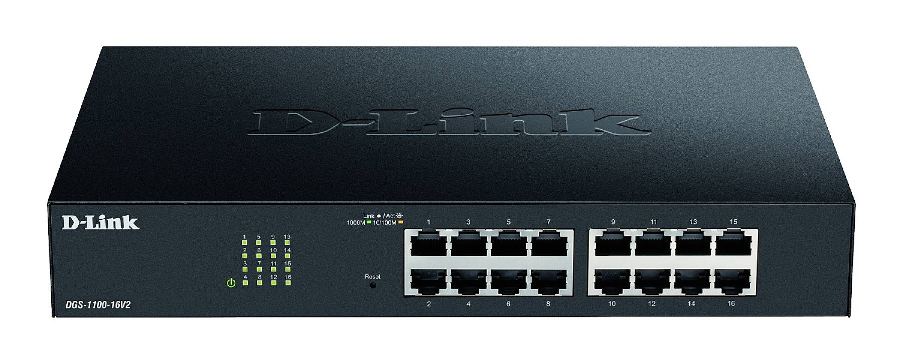 Screenshot eines D-Link Netzwerkswitches mit 16 Ethernet-Ports. Links LED-Anzeigen für Status und Aktivität.