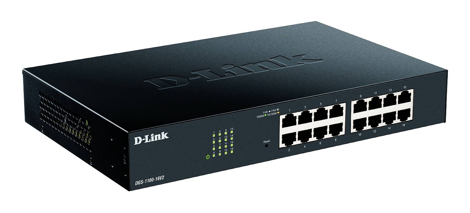 Ein schwarzer Ethernet-Switch mit 16 Ports. Auf der linken Seite befinden sich LED-Anzeigen. Oben ist das Logo 'D-Link' sichtbar.