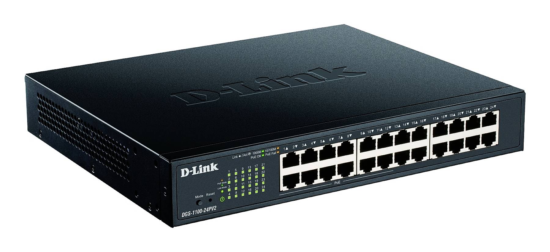 Ein 24-Port-Ethernet-Switch von D-Link. Schwarzes Gehäuse mit LED-Anzeigen für Aktivität und Status.