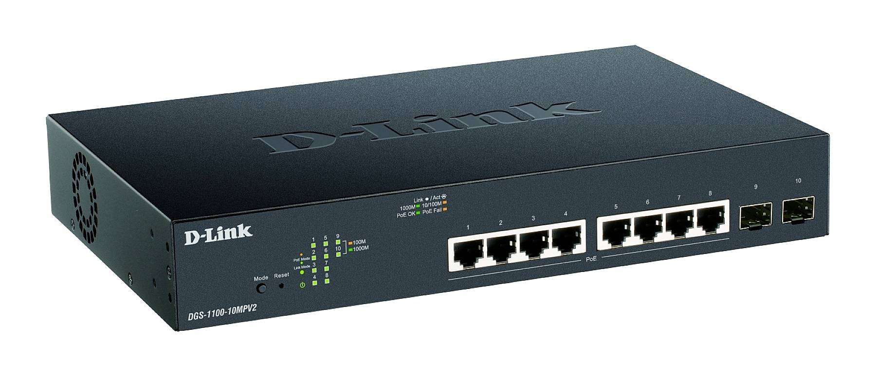 Ein schwarzer D-Link 8-Port-Gigabit-Ethernet-Switch mit vier zusätzlichen Ports. LEDs zeigen Verbindungsstatus und Aktivität an.