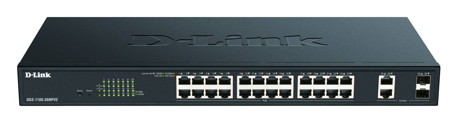Ein schwarzer D-Link 28-Port-Switch mit LED-Anzeigen und Ethernet-Ports, verwendet für Netzwerkverbindungen in IT-Umgebungen.