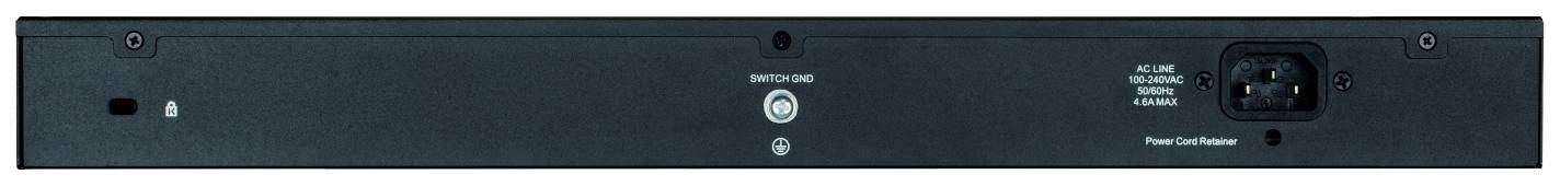 Rückansicht eines elektronischen Geräts mit Netzanschluss, Schalter in der Mitte und weiteren Anschlüssen oder Funktionen links.