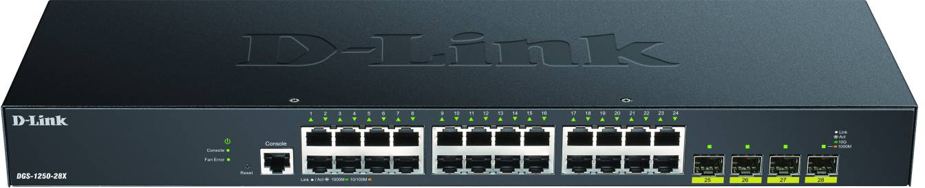 Netzwerkswitch von D-Link mit 24 Ethernet-Ports und 4 zusätzlichen Anschlüssen. Gerät in schwarzem Gehäuse, für Datennetzwerke.