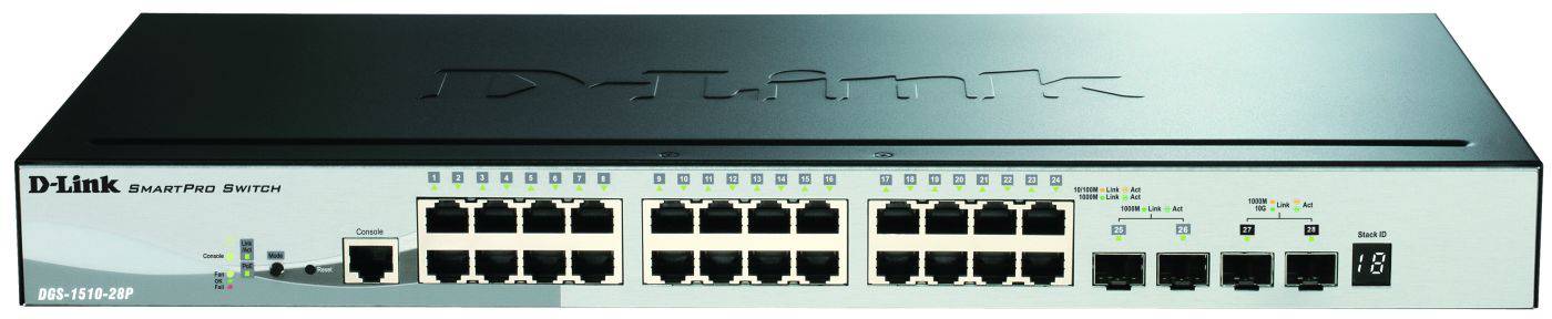 Ein Netzwerk-Switch mit mehreren Ethernet- und Glasfaseranschlüssen, vermutlich ein Modell von D-Link, geeignet für erweiterte Vernetzungen.