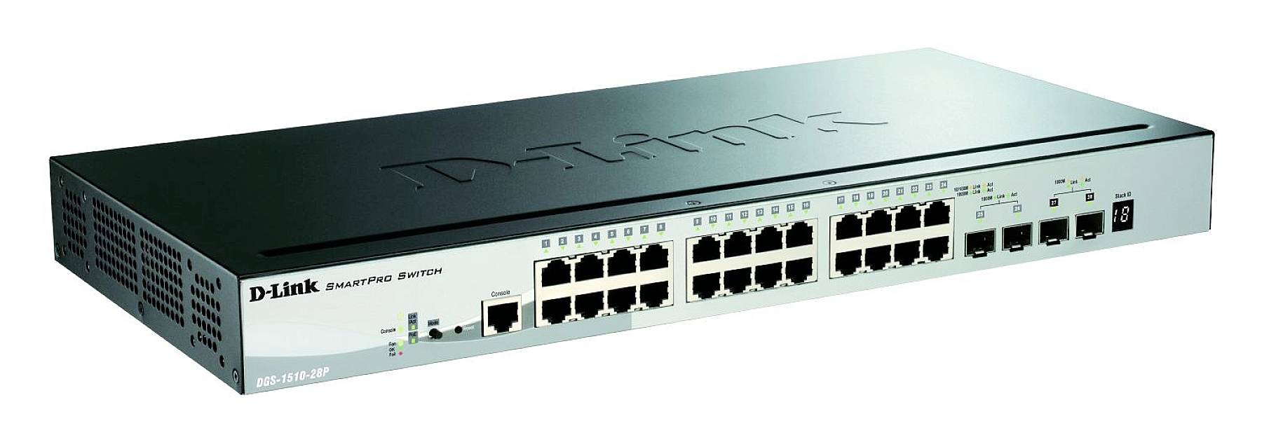 Ein D-Link Switch mit 24 Ethernet-Ports und mehreren Statusleuchten auf der Vorderseite.