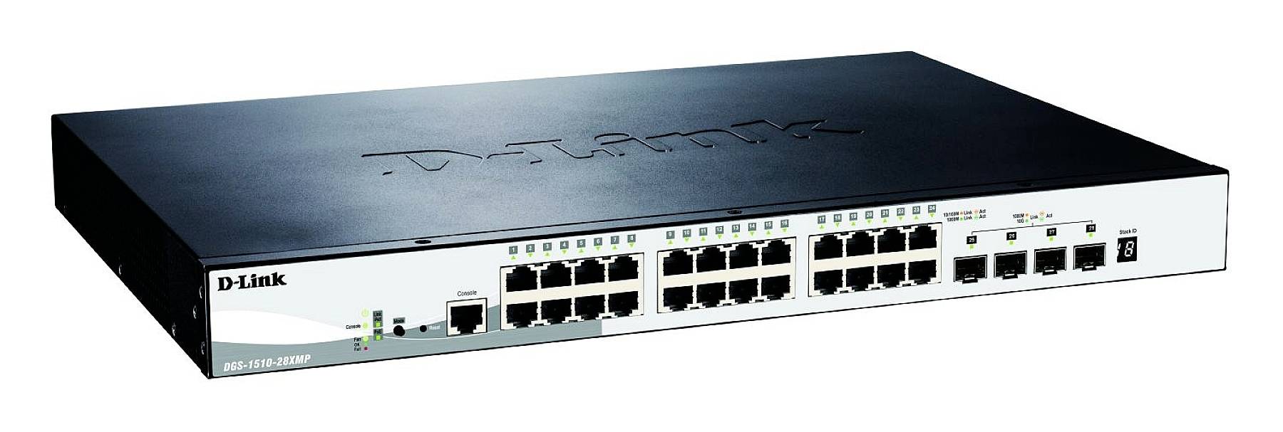 Ein Netzwerk-Switch mit 24 Ethernet-Ports und mehreren Glasfaseranschlüssen. Ideal für erweiterte Büro-Netzwerkkonfigurationen.