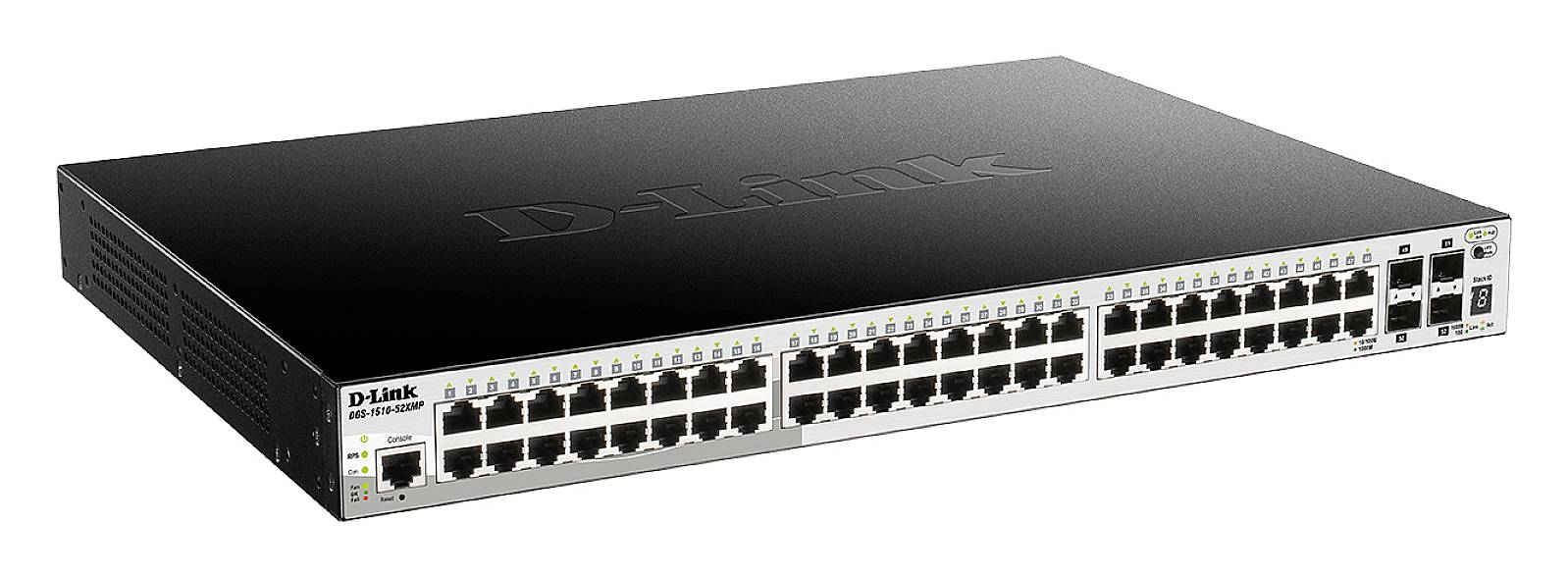 Ein schwarzer Netzwerk-Switch mit 48 Ethernet-Ports und mehreren Leds, geeignet für die Verbindung mehrerer Geräte in einem Netzwerk.