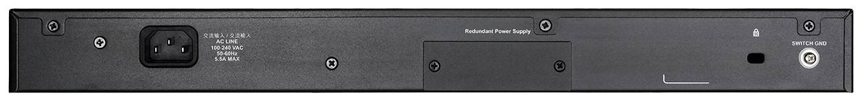 Rückansicht eines elektronischen Geräts mit Stromanschluss links, Beschriftungen und Ein-/Aus-Schalter rechts sichtbar.