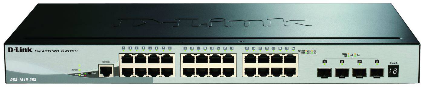 D-Link Netzwerk-Switch mit 24 Ethernet-Ports und 4 zusätzlichen SFP-Ports, geeignet für den Einsatz in mittleren bis großen Netzwerken.