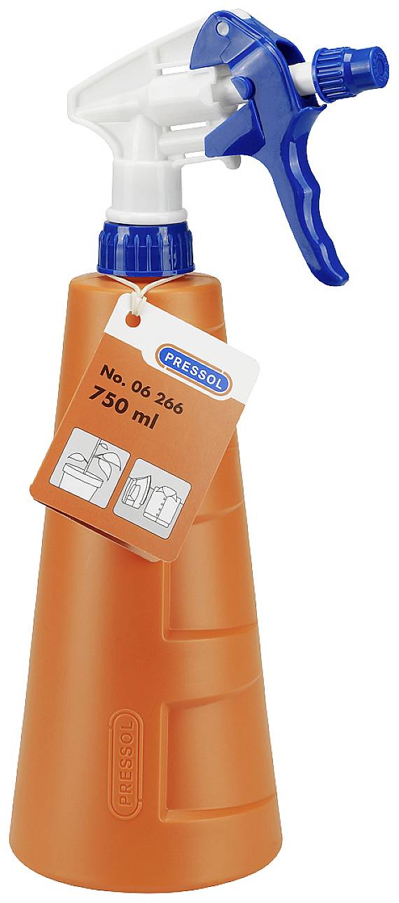 Oranges Sprayflasche mit blauem Sprühkopf und einem Etikett, das '750 ml' zeigt.