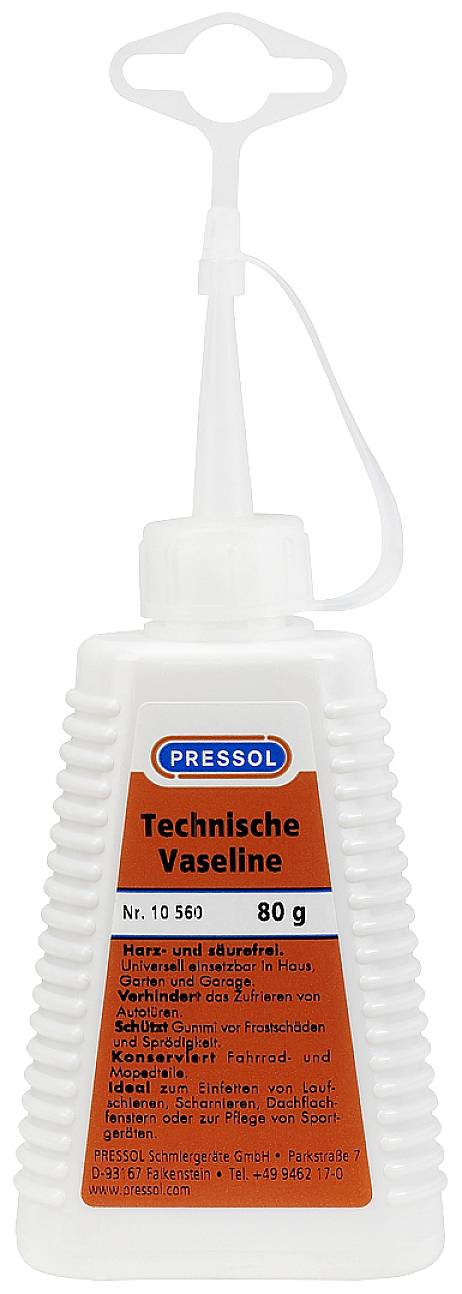 Eine weiße, geriffelte Plastikflasche mit rotem Etikett und blauem Logo. Aufschrift: 'Technische Vaseline, 80 g, Pressol'.