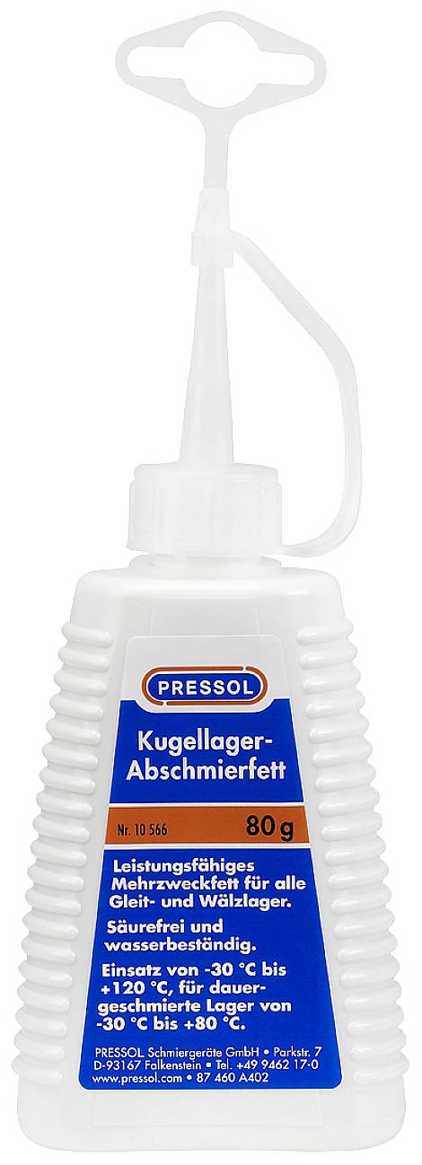 Eine Plastikflasche mit 'Kugellager-Abschmierfett' der Marke Pressol, 80 g, mit abnehmbarer Spitze und Griff zum einfachen Gießen.