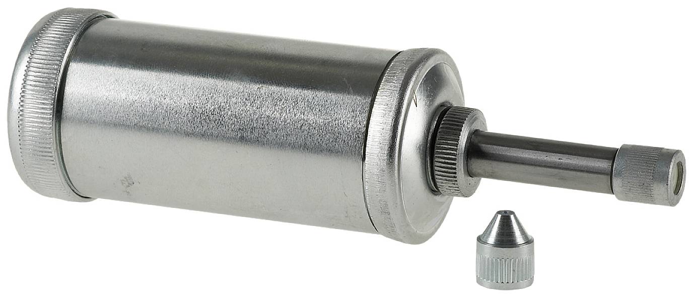 Metallische Fettpresse mit abnehmbarem Kopfteil, zum Einfetten von Maschinen oder Geräten.