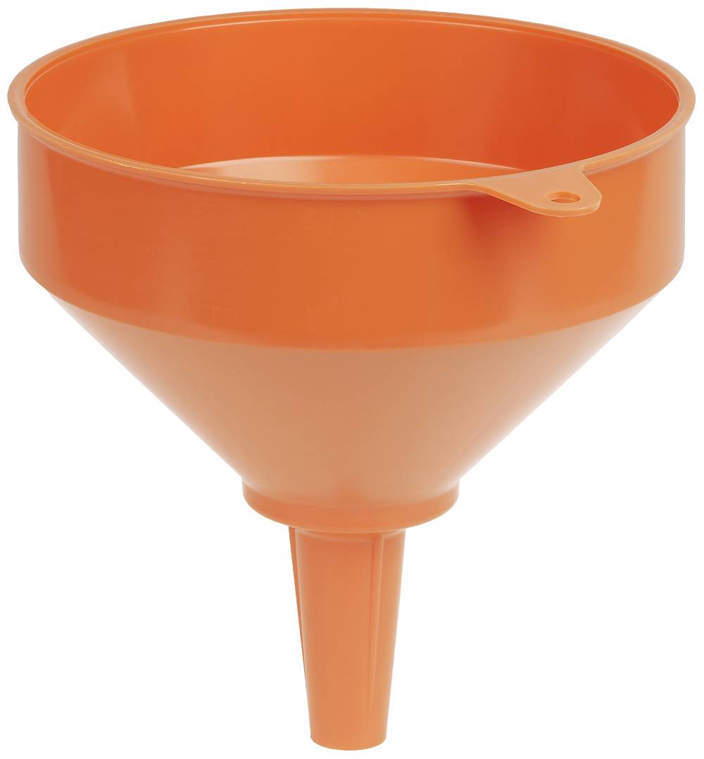 Orange Kunststofftrichter mit Griff, ideal zum Umfüllen von Flüssigkeiten in Behälter mit kleiner Öffnung.