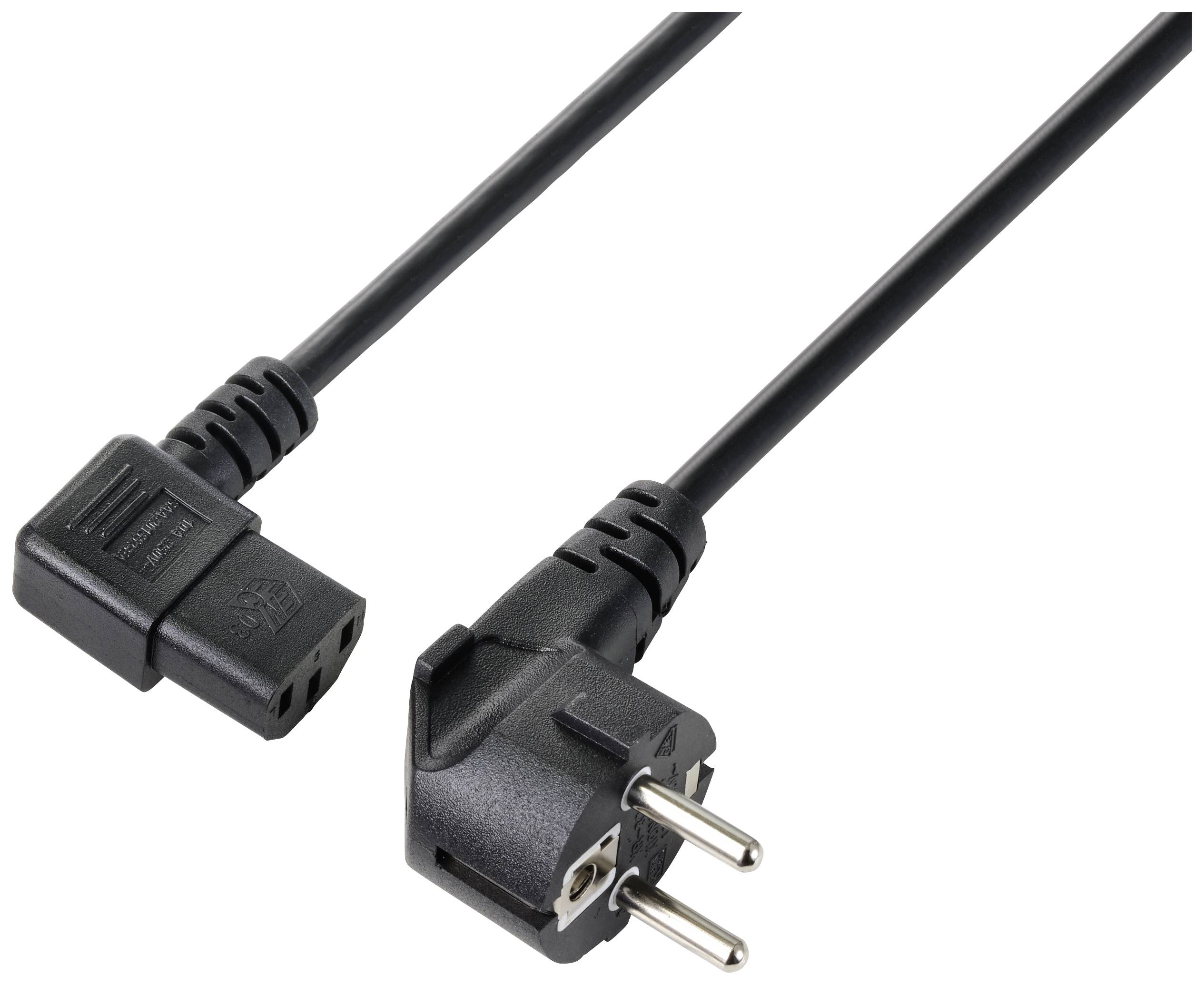 Schwarzes Netzkabel mit Winkelschukostecker und C13-Buchse. Für die Verbindung von Geräten mit Stromquelle geeignet.