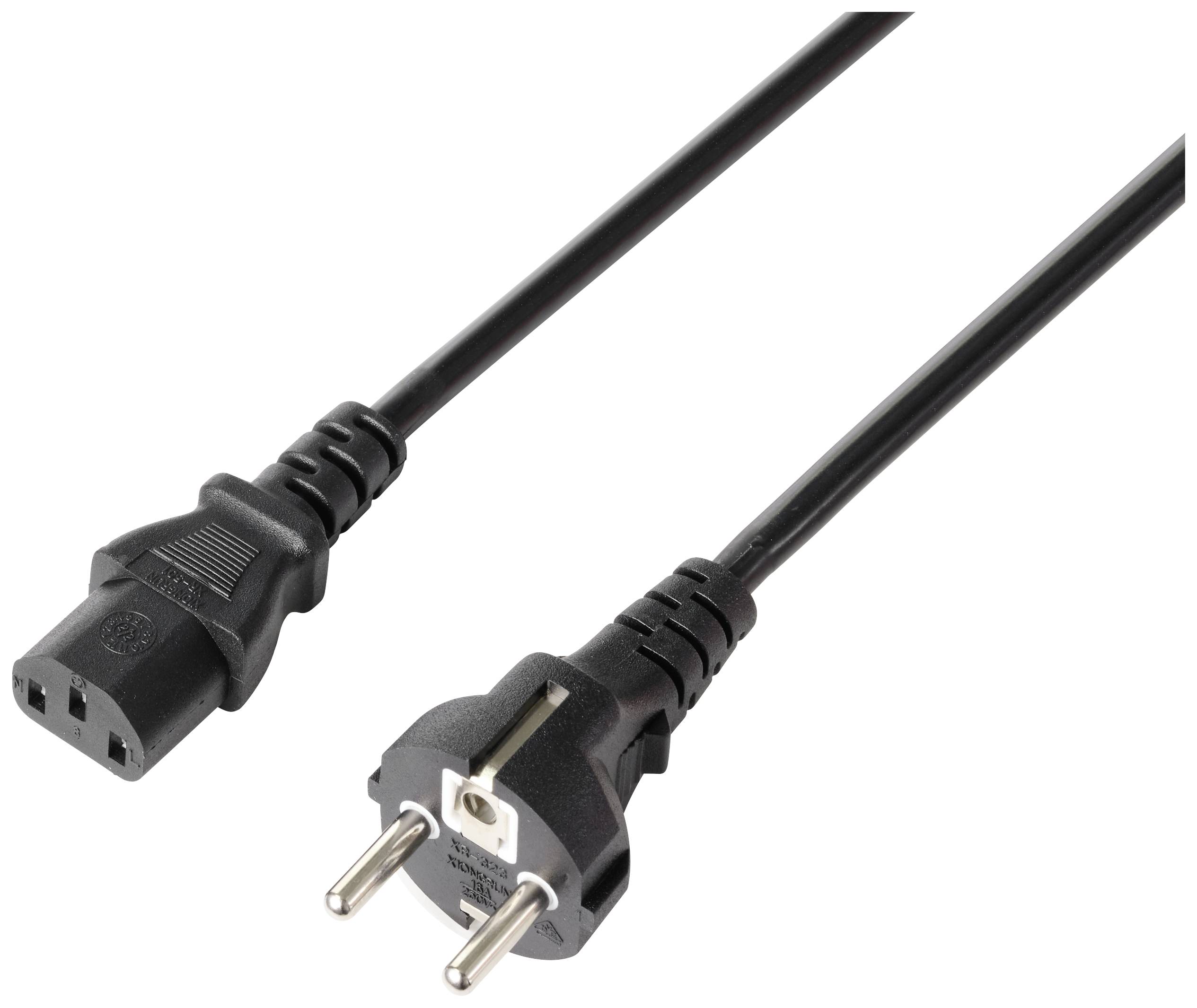 Zwei schwarze Kabelstecker: Links ein weiblicher Stecker mit drei Öffnungen, rechts ein männlicher Eurostecker mit zwei Stiften.