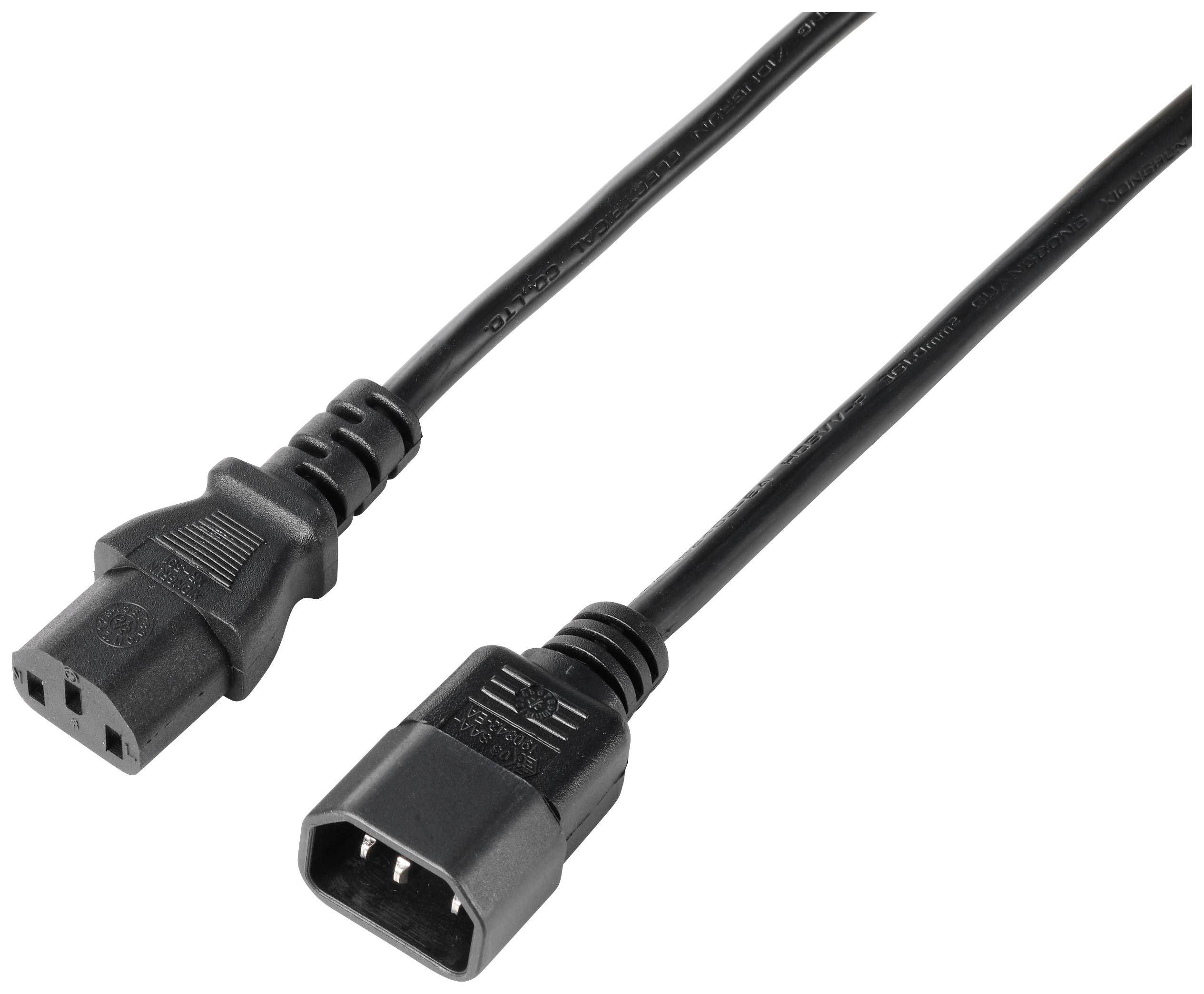 Ein Netzwerkkabel mit einem weiblichen IEC-C13-Stecker auf der linken Seite und einem männlichen IEC-C14-Stecker auf der rechten Seite.