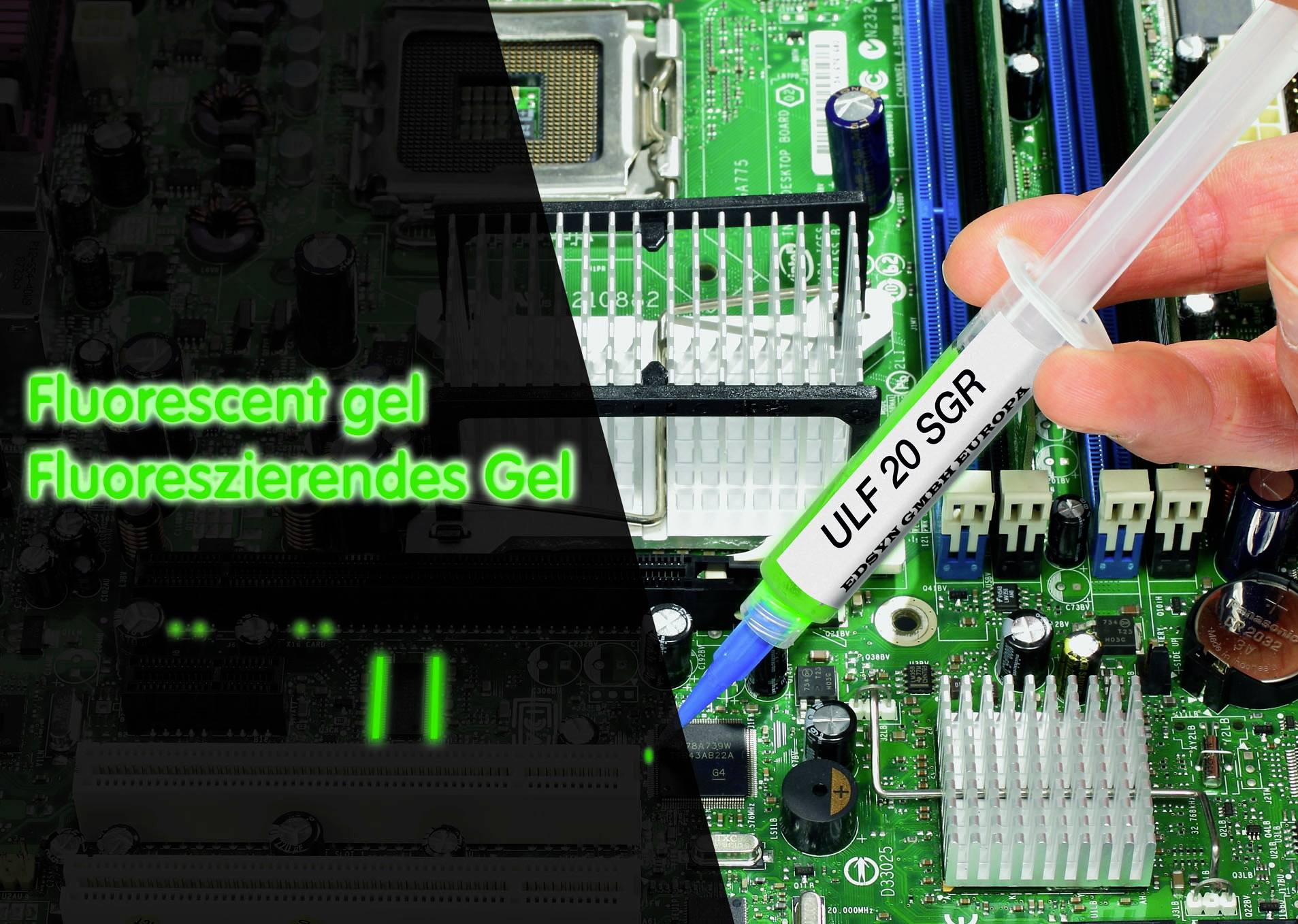 'Fluoreszierendes Gel', Spritze wird auf ein Computer-Motherboard aufgetragen. Der Text steht auf schwarzem Hintergrund.