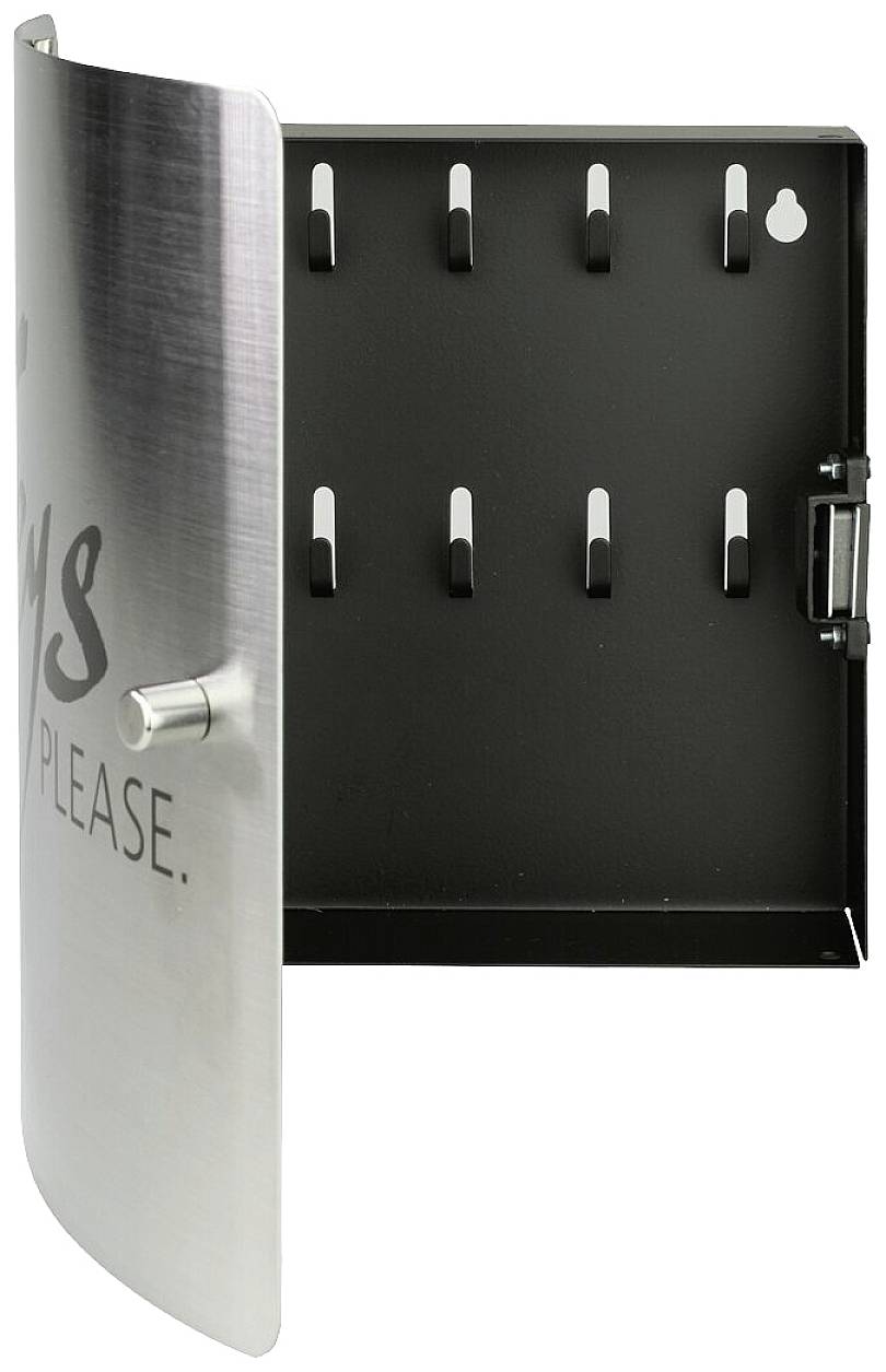 Metallener Schlüsselkasten mit offener Tür, sechs Hakenreihen im Inneren.