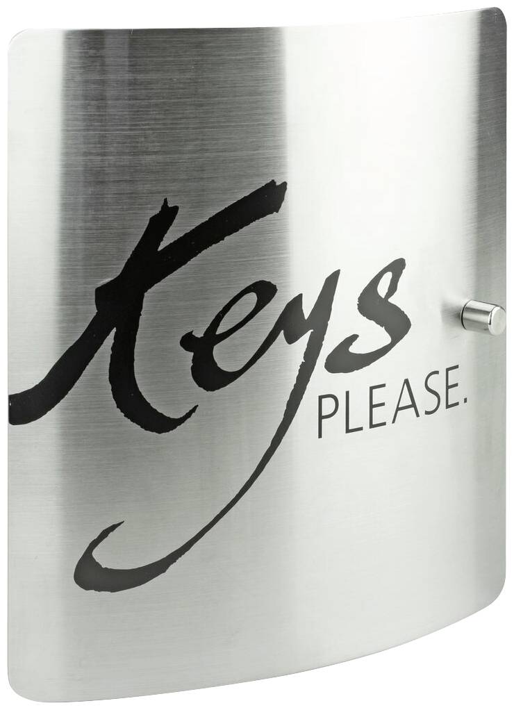 Metallbehälter mit der Aufschrift 'Keys Please'. Enthält Schlüsselhalterung, minimalistisch gestaltet.