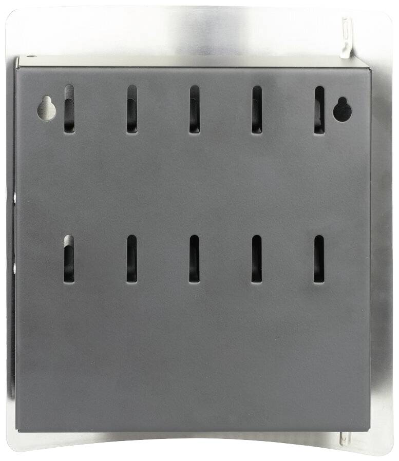 Industriewandhalterung aus Edelstahl mit schwarzer Frontplatte und vertikalen Schlitzen, geeignet zur Aufbewahrung und sicheren Befestigung von Werkzeugen oder Geräten.