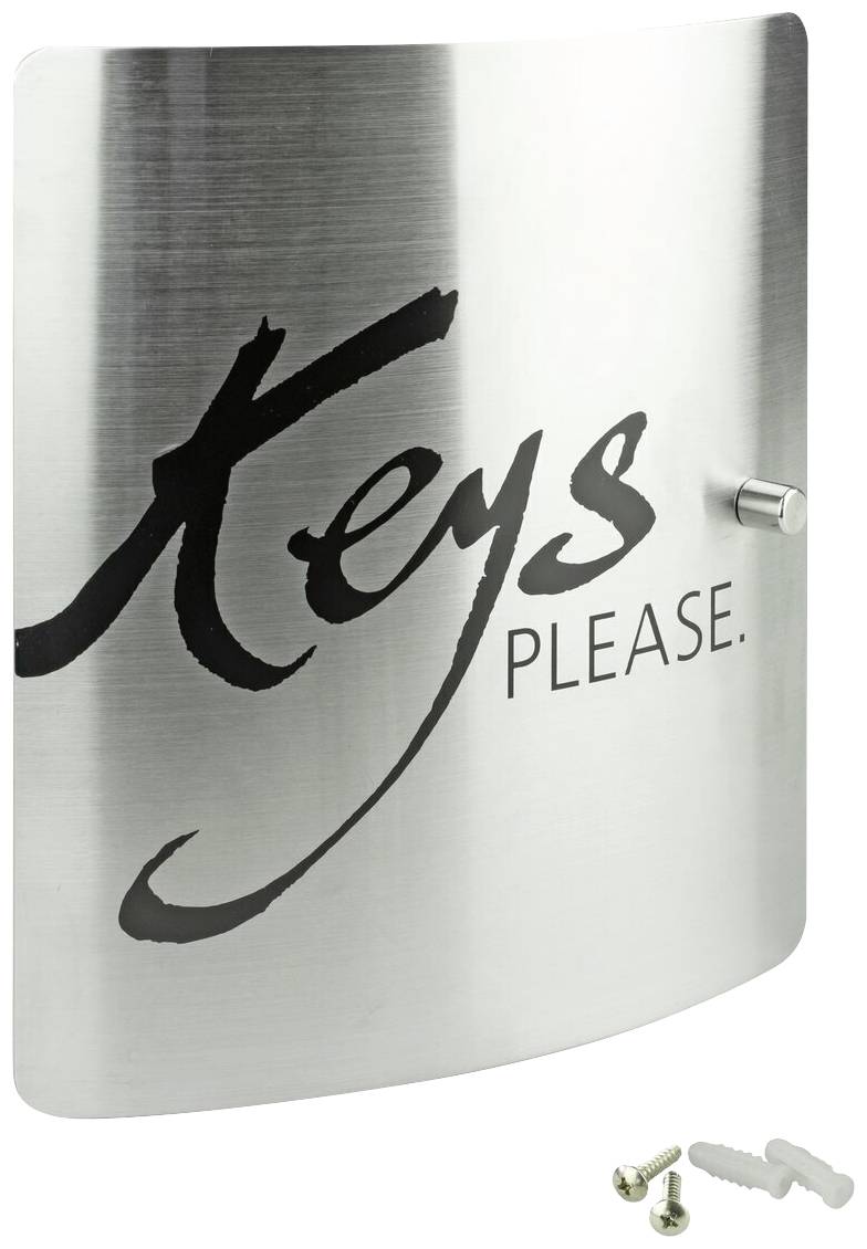 Wandhalterung aus gebürstetem Metall mit der Aufschrift 'Keys Please'. Enthält eine Halterung mit Schrauben und Dübel zur Befestigung.
