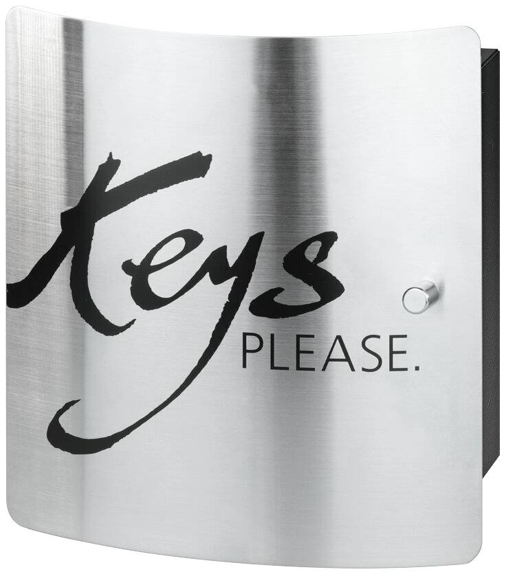 Metallische Schlüsselbox mit gebogener Front, darauf steht 'Keys Please'.