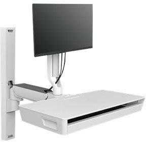 Ein Wandhalterungs-System mit einem Flachbildschirm und einer Tastaturablage, das platzsparend in Büros oder medizinischen Einrichtungen genutzt wird.