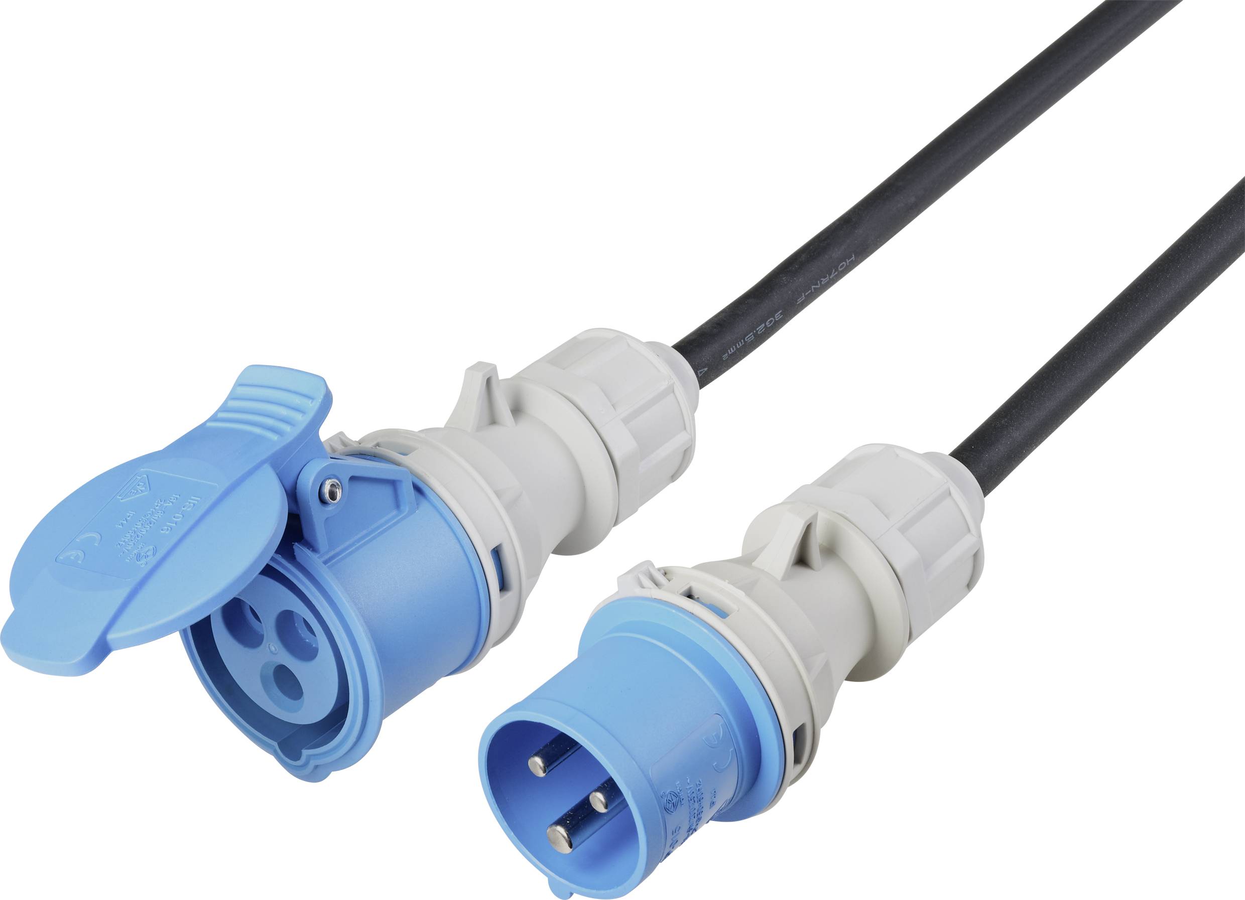 Ein graues und blaues zweiadriges Industriesteckersystem mit Stecker und Kupplung, geeignet für den Außenbereich.