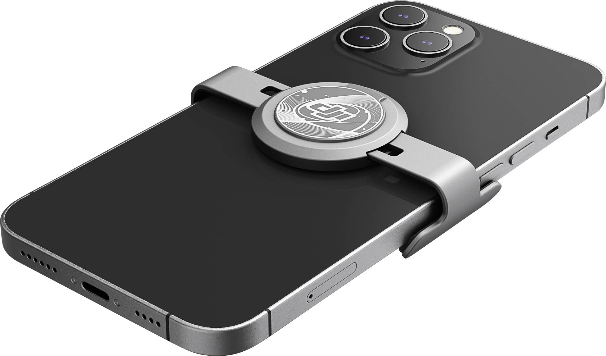 Smartphone mit Kameralinsen, darauf eine magnetische Halterung aus Metall.