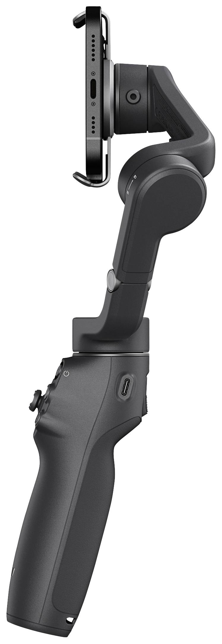 Ein schwarzer Handheld-Gimbal, der ein Smartphone stabilisiert. Ideal für Videos.